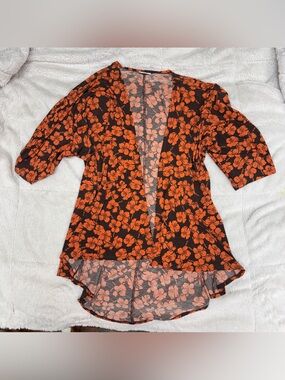 Lularoe open kimono Lindsay short sleeve hi-low floral orange & brown size small